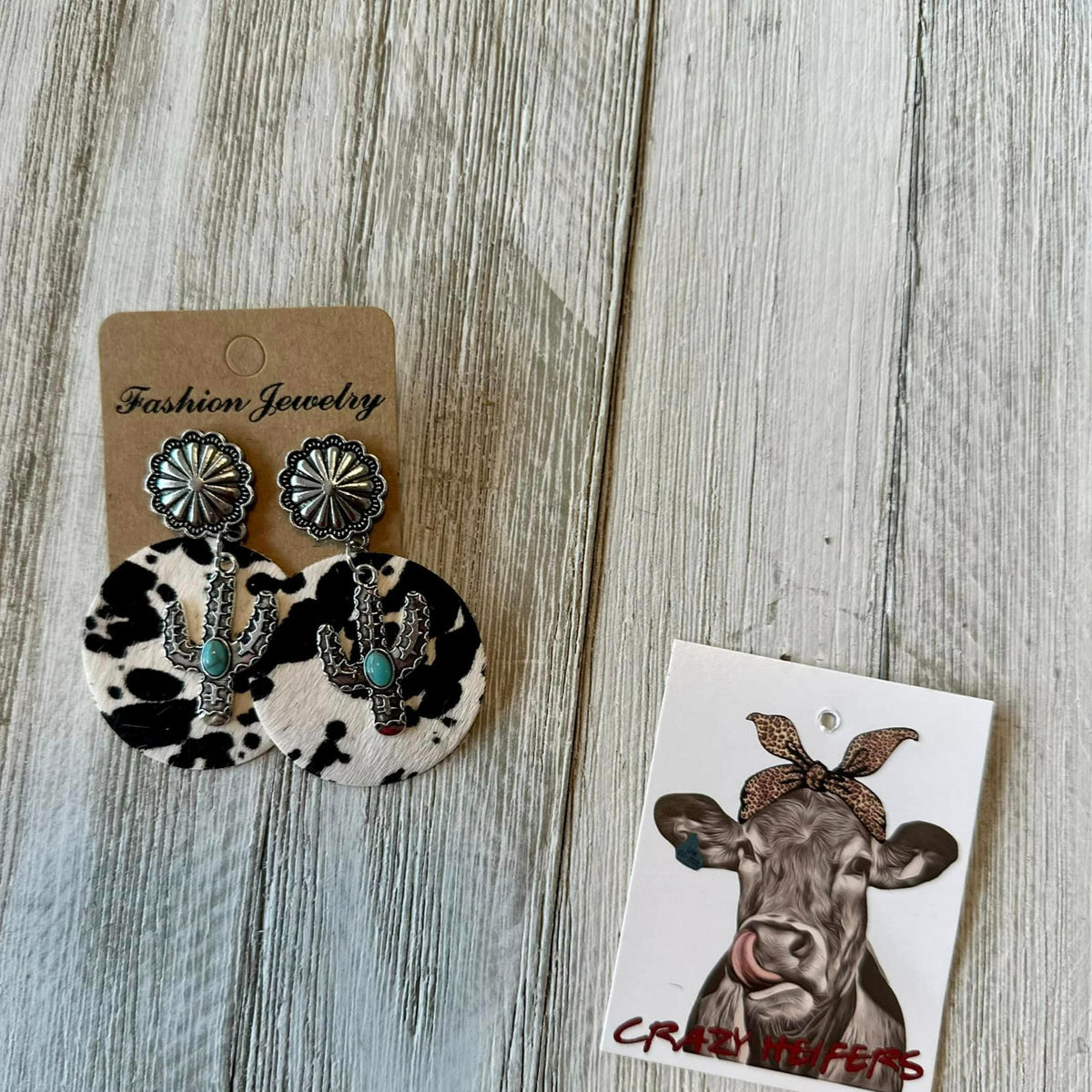 Circle Cowhide Earrings W/ Cactus Charms