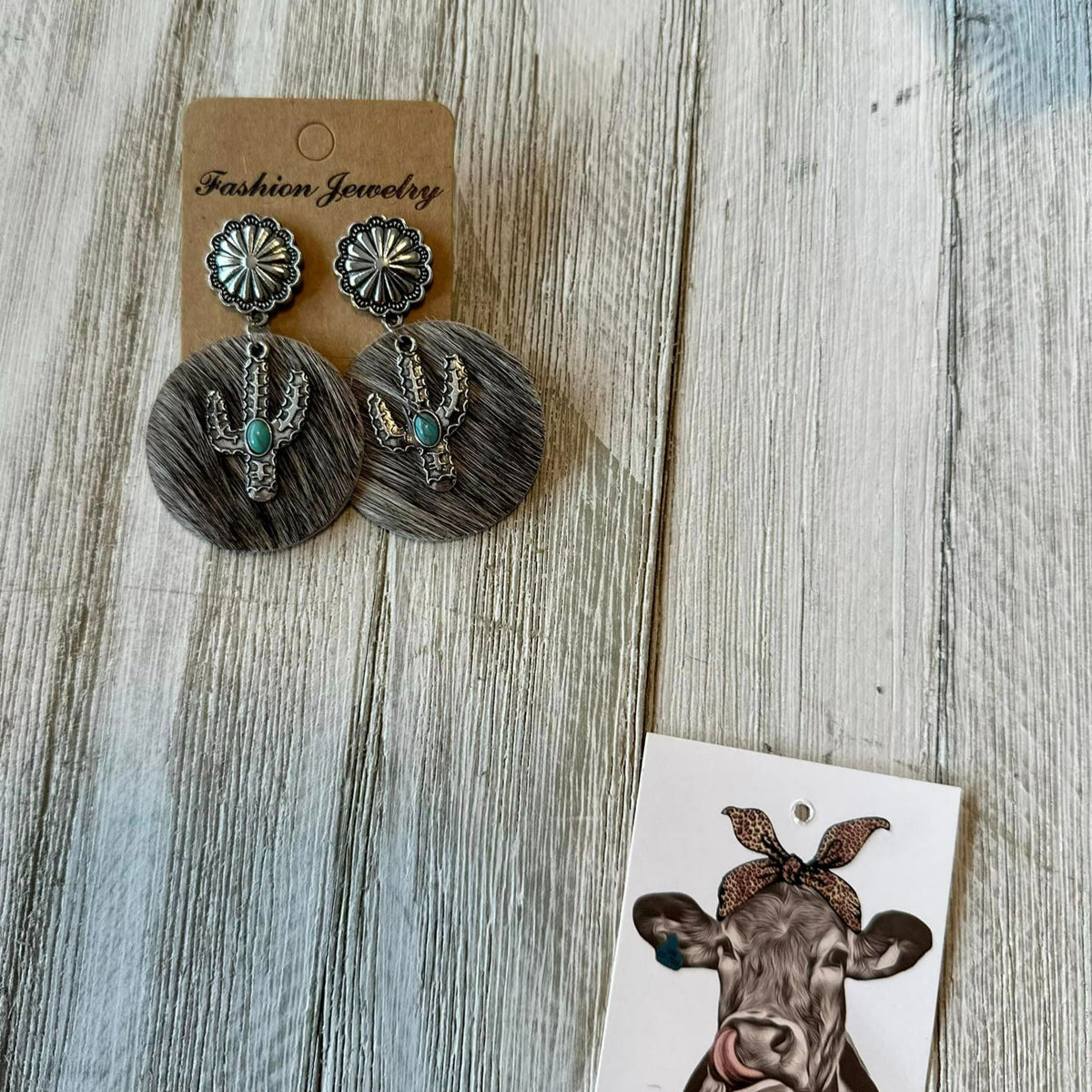 Circle Cowhide Earrings W/ Cactus Charms