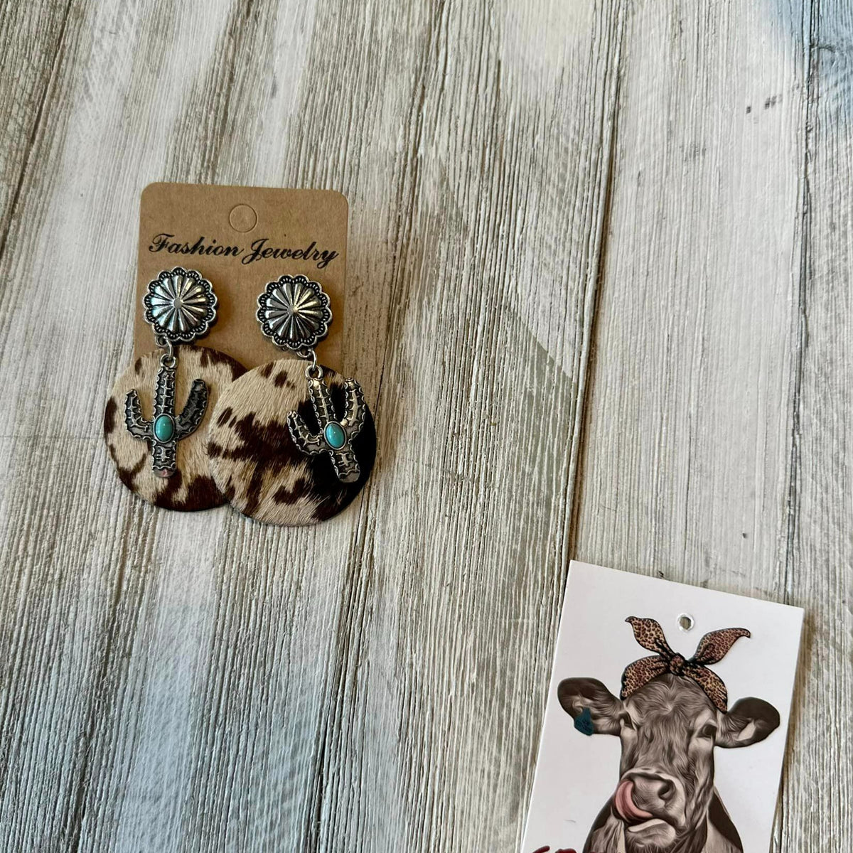 Circle Cowhide Earrings W/ Cactus Charms